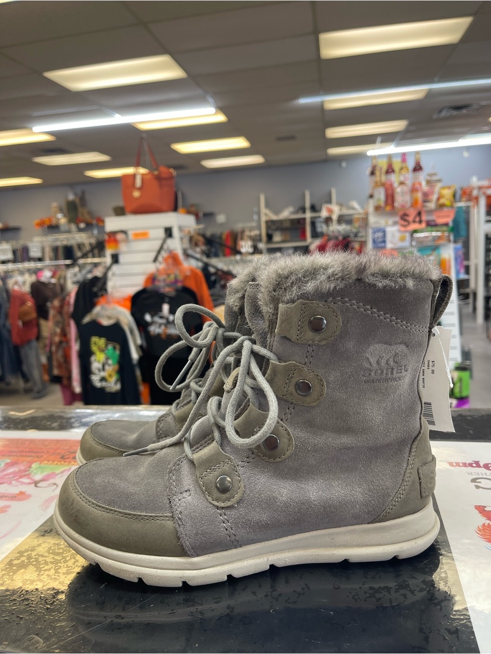Sorel Gray Fur-Trim Kids Lace-Up Boots